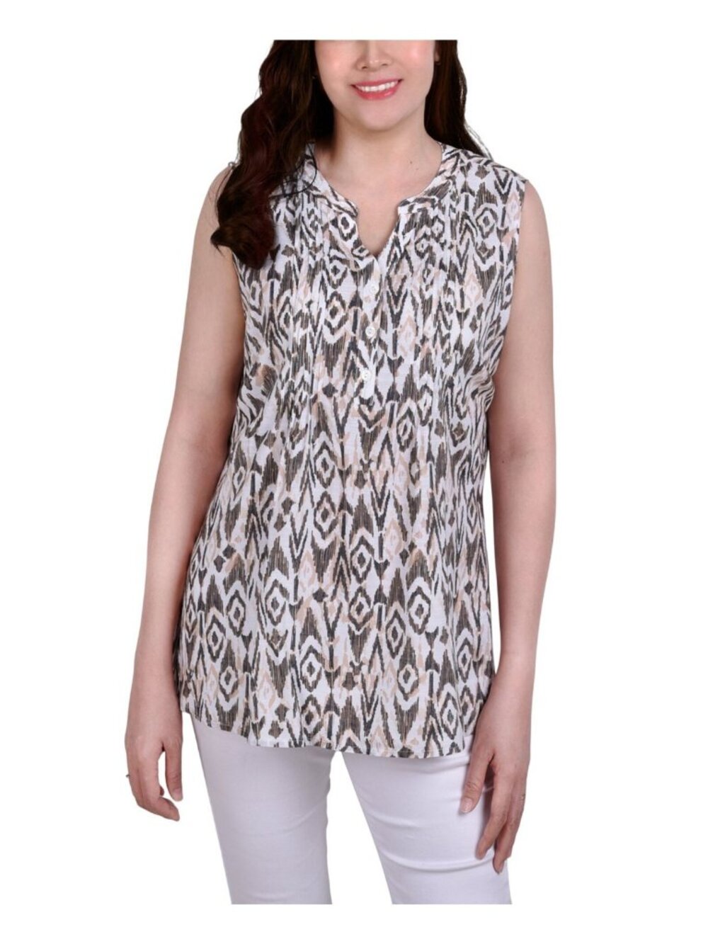 NWT NY Collection Pintucked Button Front Blouse MRJU0684P Brown Multi L